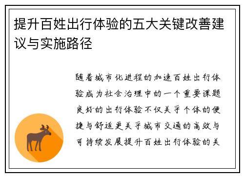 提升百姓出行体验的五大关键改善建议与实施路径